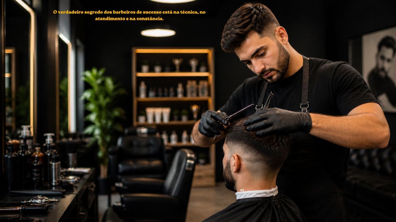 Imagem representando os segredos do sucesso na barbearia, com foco em técnica profissional, atendimento de qualidade e crescimento na carreira.