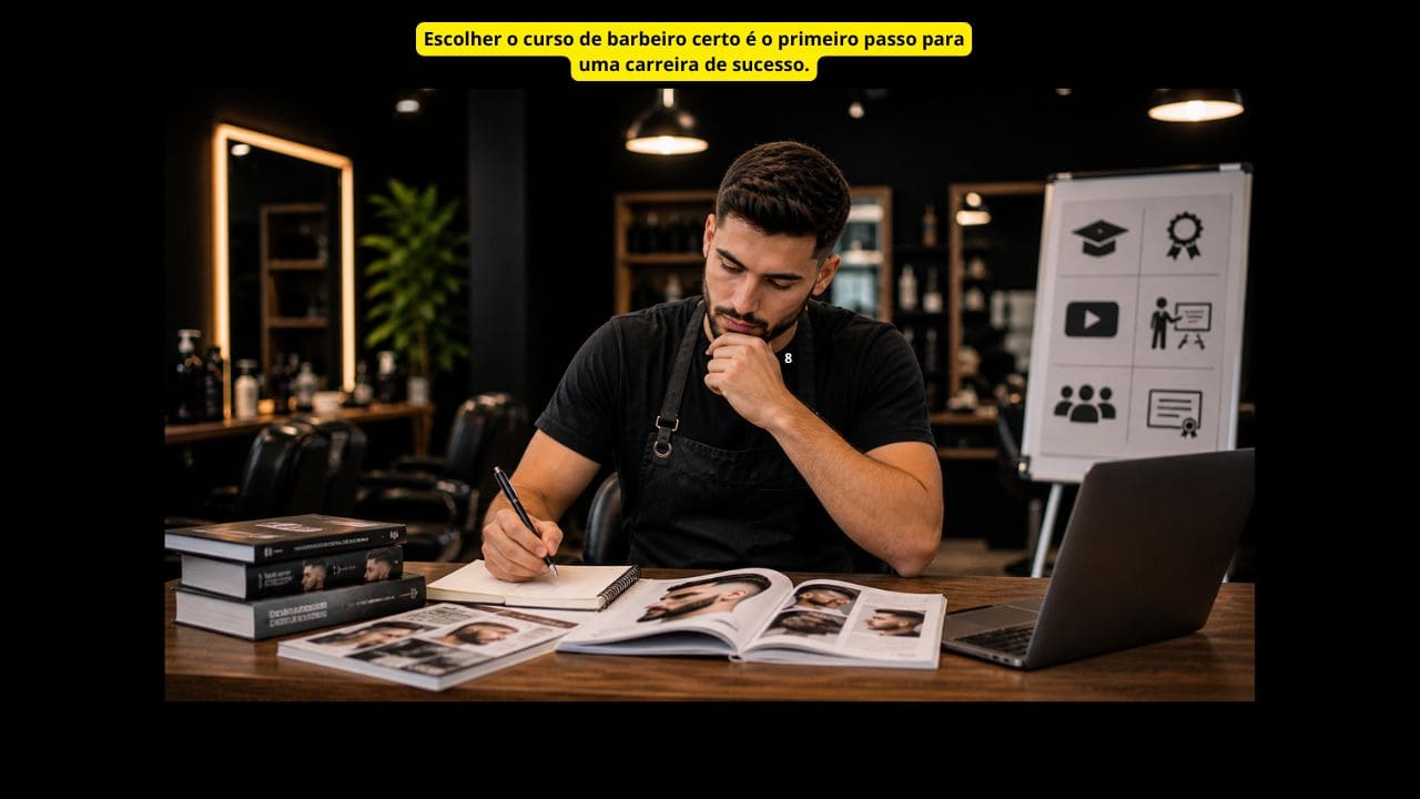 Imagem representando a escolha do melhor curso de barbeiro, destacando aprendizado prático, técnicas modernas e formação profissional.