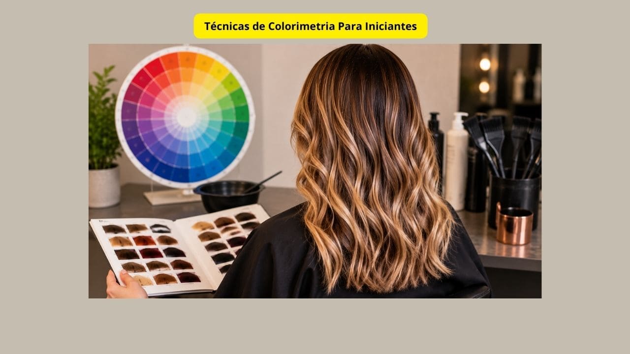 Profissional analisando cores capilares com círculo cromático e tabela de tons em salão de beleza.