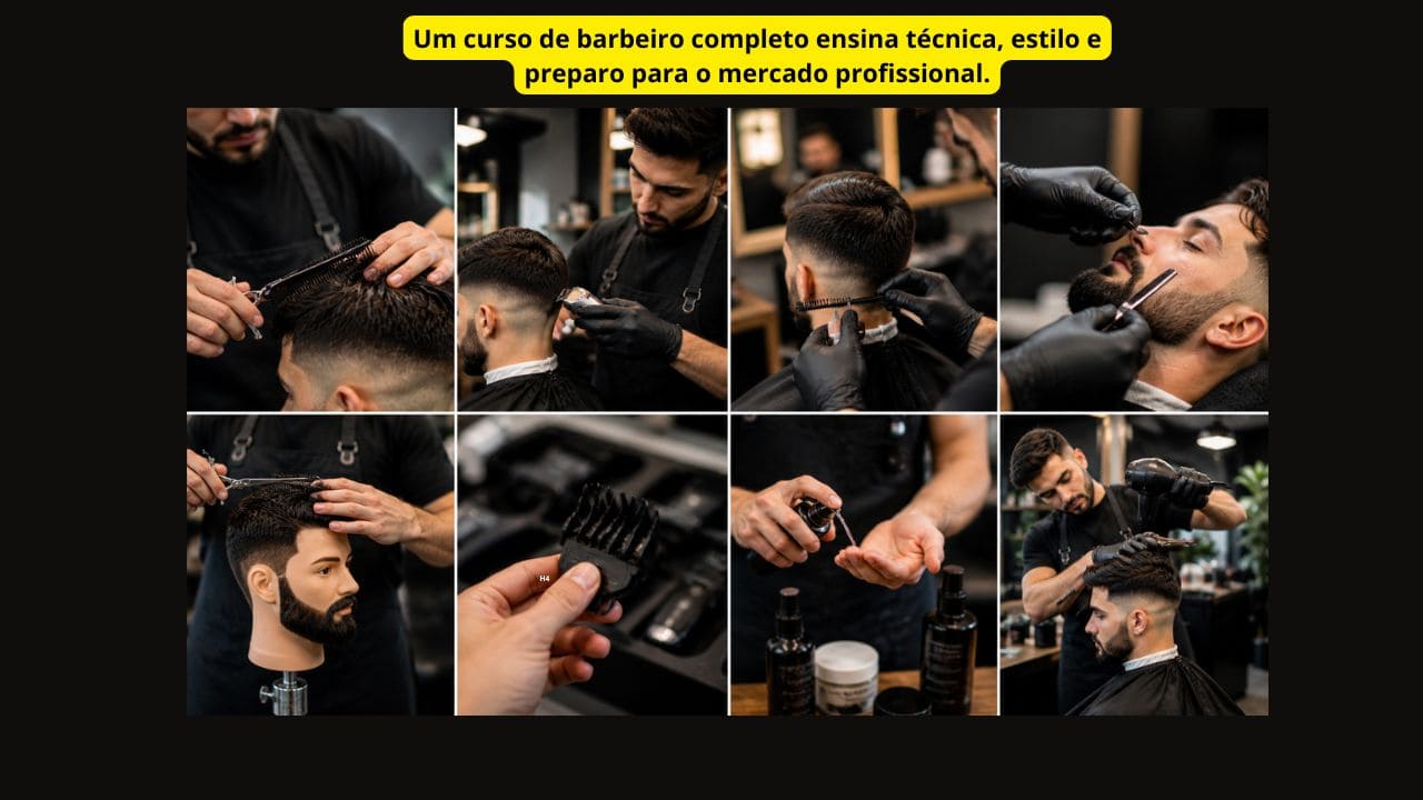 Imagem mostrando o aprendizado em um curso de barbeiro completo, incluindo técnicas de corte, acabamento, atendimento e prática profissional.
