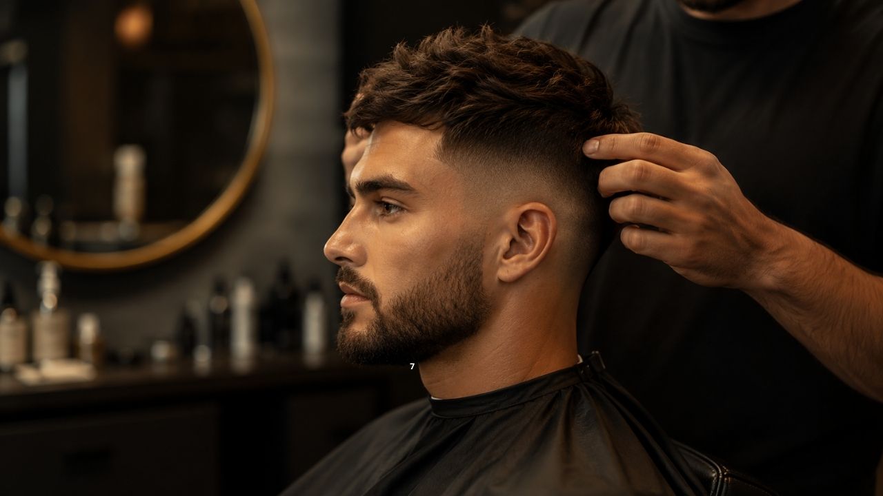 imagem de incentivo ao primeiro passo. Jovem barbeiro iniciando treinamento de cortes masculinos com máquina profissional em ambiente moderno de barbearia.