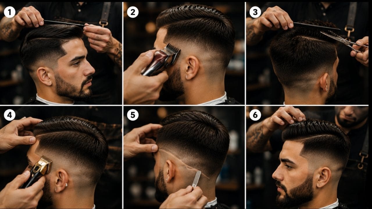 imagem do metódo passo apasso. Instrutor demonstrando passo a passo de um corte masculino para aluno iniciante em curso de barbearia.