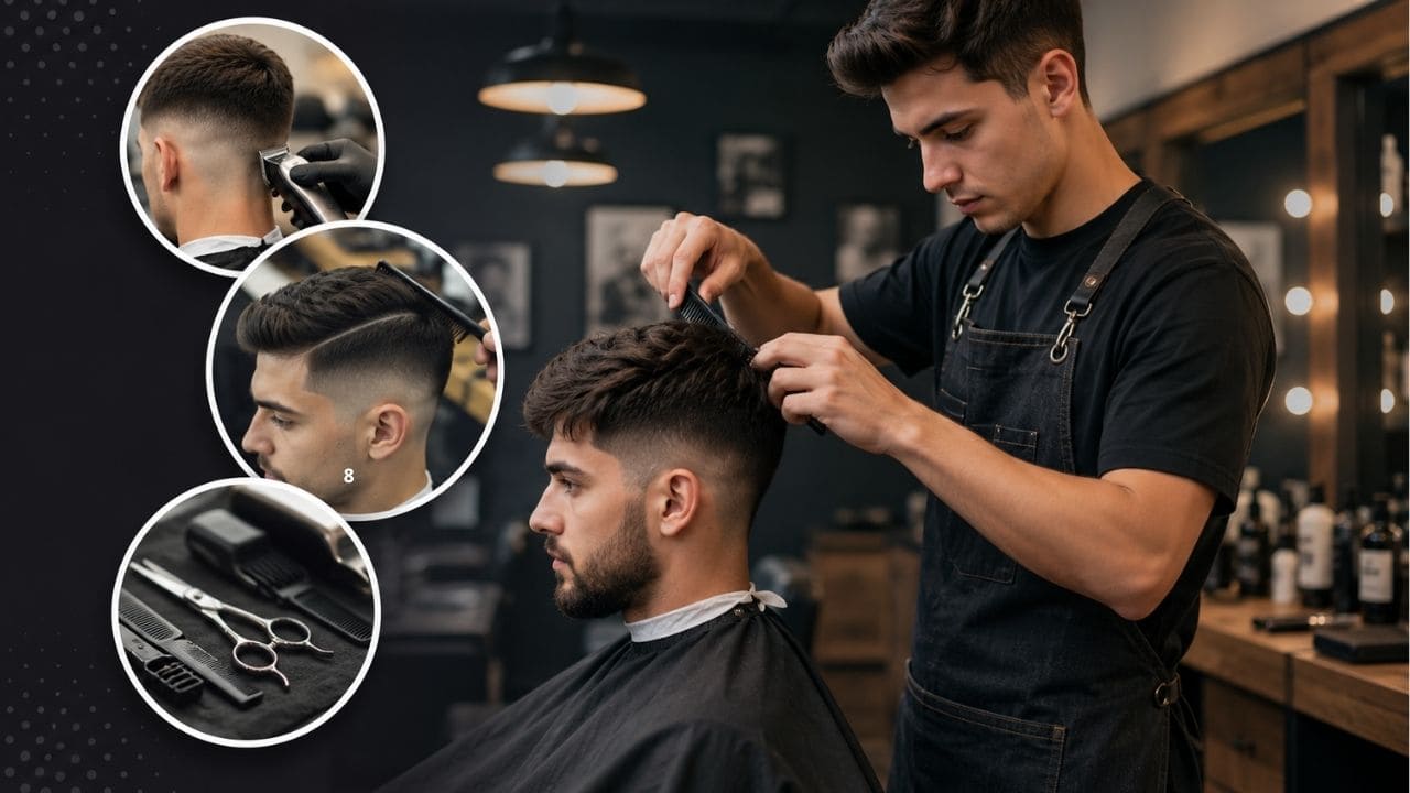 imagem de se vale apena fazer esse curso. Barbeiro iniciante realizando corte masculino moderno em cliente durante aula prática de curso profissional.