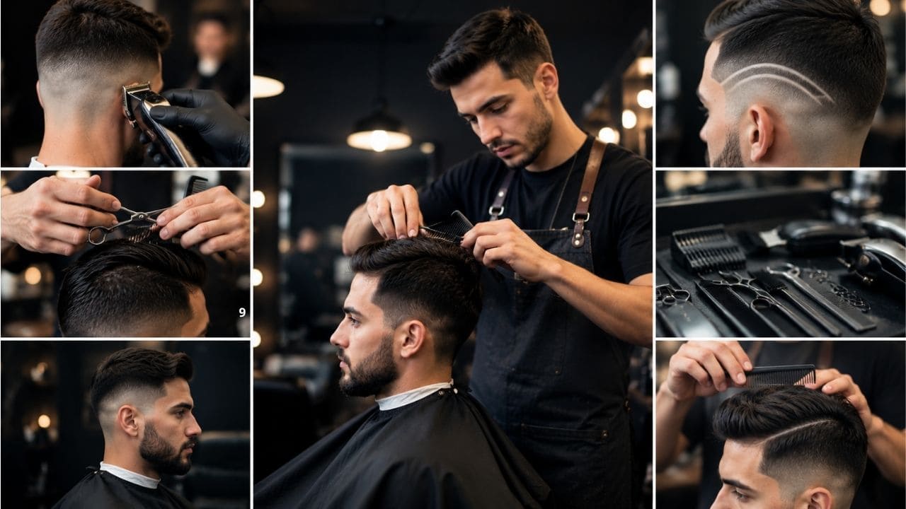 imagem do que se aprende no curso. Aluno praticando técnicas de cortes masculinos com máquina e tesoura durante treinamento profissional em barbearia.