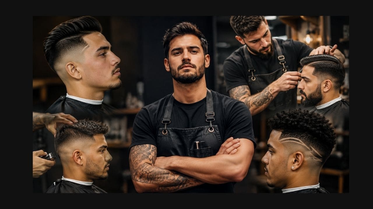 imagem para quem ocurso e indicado. Profissional realizando corte masculino moderno com máquina e tesoura em ambiente de treinamento de barbearia.