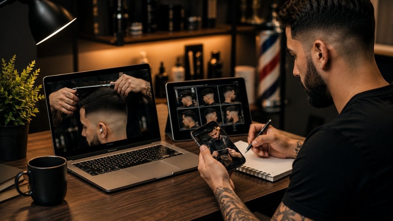 imagem do acesso flexivel ao curso Pessoa assistindo aulas de cortes masculinos em notebook enquanto pratica técnicas de barbearia em ambiente de estudo.