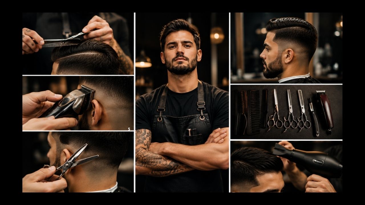 imagem dos diferenciais que poucos cursos tem. Barbeiro demonstrando técnica avançada de corte masculino durante treinamento profissional em ambiente de barbearia.