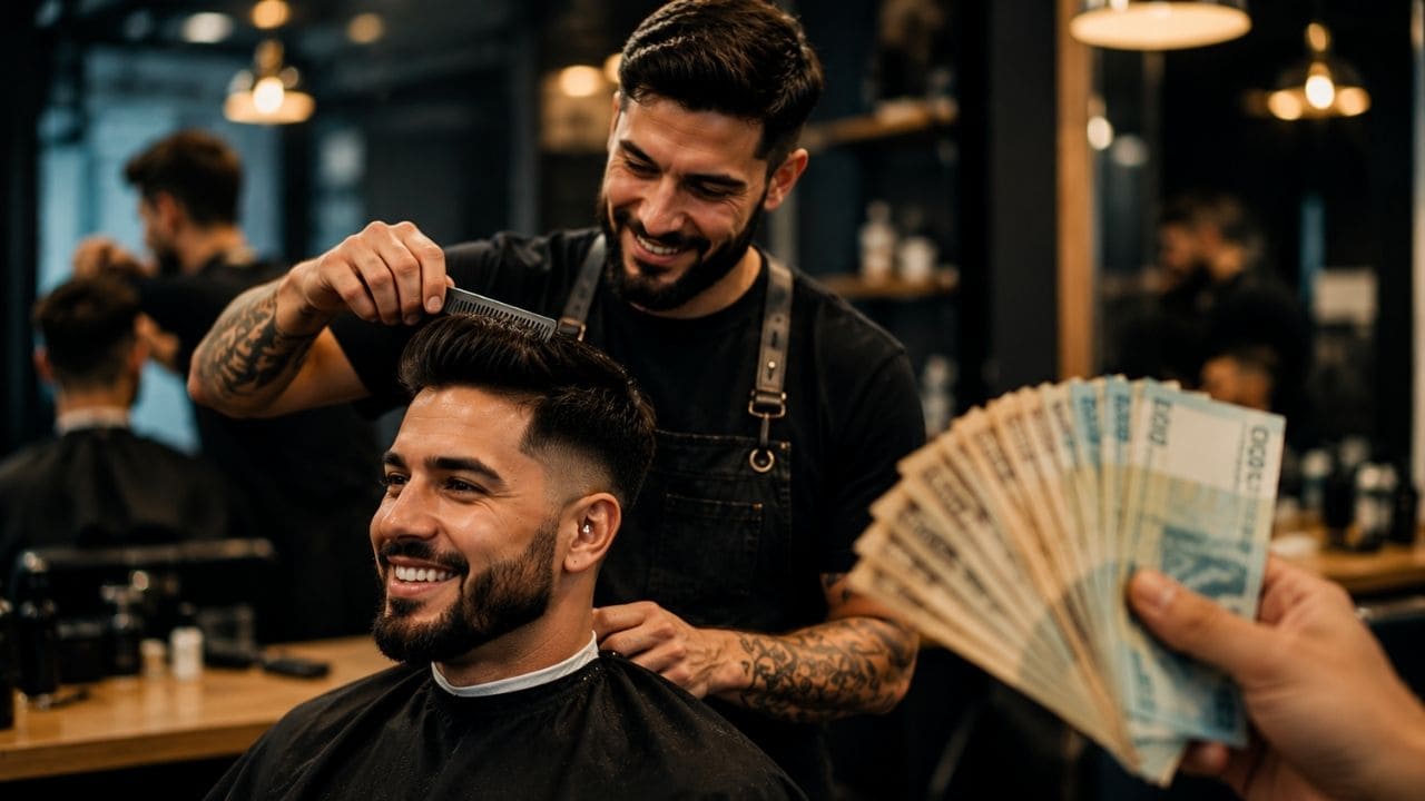 imagem de ter seu dinheiro rapidamente. Barbeiro profissional realizando corte masculino em cliente satisfeito dentro de uma barbearia moderna.