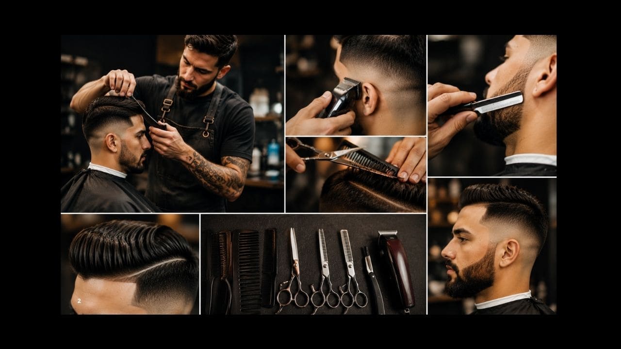 imagem do que vai apreder no curso. Aluno aprendendo técnicas de cortes masculinos com máquina de corte e tesoura durante aula prática de barbearia.