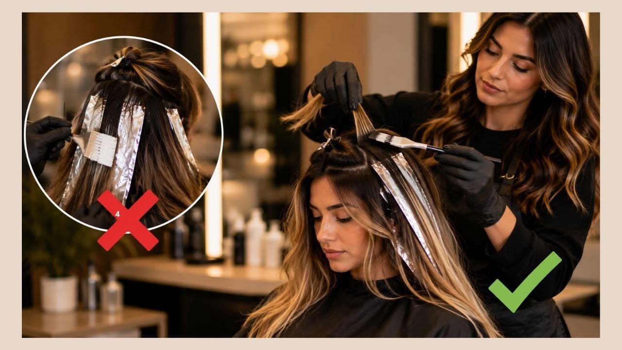 Profissional avaliando diferentes tipos de cabelo para definir a técnica de mechas mais adequada, considerando textura, cor natural e objetivo estético da cliente.