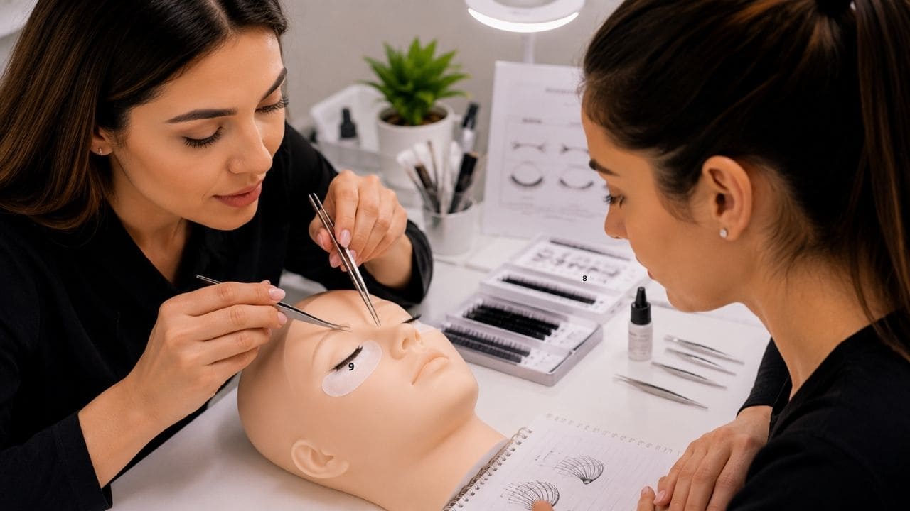 imagem de curso iniciando. Profissional aplicando extensão de cílios em uma aluna iniciante durante aula prática, demonstrando técnicas de isolamento, aplicação fio a fio e acabamento em ambiente de treinamento profissional.