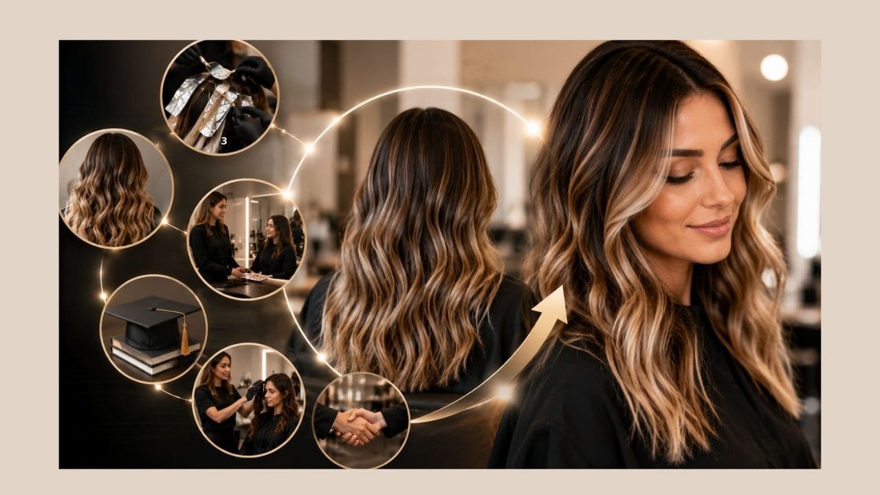 Profissional de beleza aplicando técnicas modernas de mechas em cliente durante treinamento prático do Curso de Mechas Pro, com foco em clareamento uniforme, acabamento sofisticado e desenvolvimento de competências para atuar no mercado profissional.