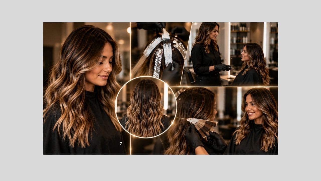 Profissional cabeleireira atendendo uma cliente satisfeita após realizar mechas com técnica avançada aprendida no Curso de Mechas Pro, destacando um resultado iluminado, moderno e de alta qualidade em um salão de beleza.