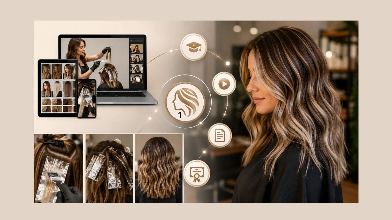 Profissional cabeleireira realizando técnicas de mechas em cliente durante uma aula prática do Curso de Mechas Pro, demonstrando clareamento, divisão das mechas e aplicação correta dos produtos para resultados profissionais.