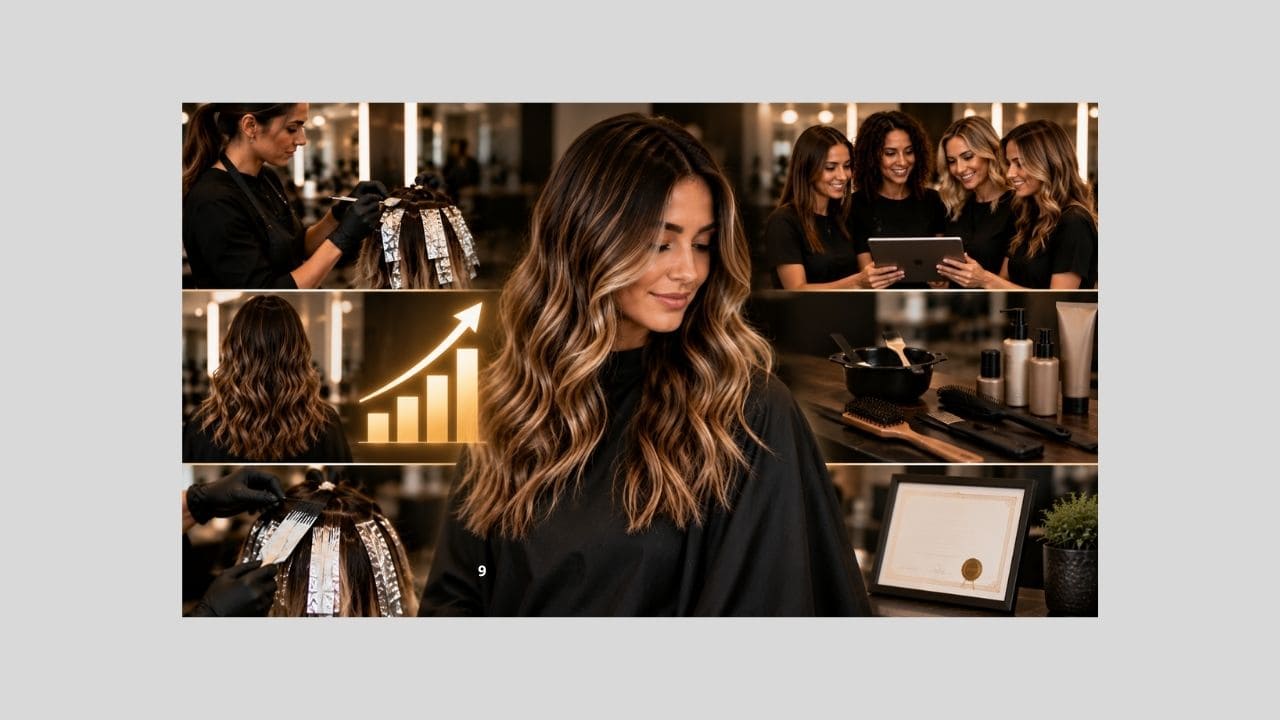 Profissional exibindo o resultado de mechas iluminadas após concluir um atendimento, representando os benefícios do Curso de Mechas Pro para desenvolver habilidades, aumentar a qualidade dos serviços e conquistar mais clientes.