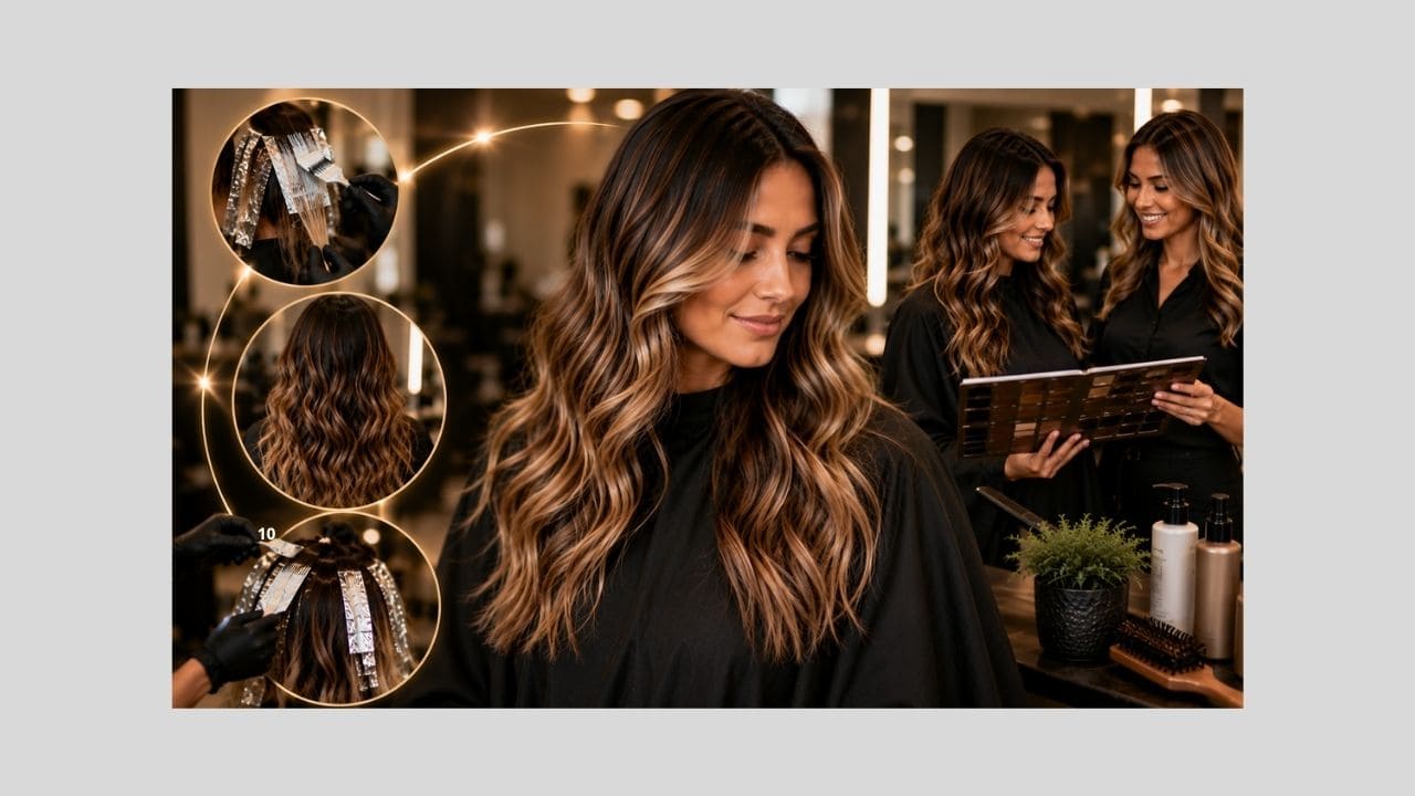 Profissional de beleza sorrindo ao lado de uma cliente satisfeita com o resultado das mechas, representando o sucesso, a evolução profissional e os benefícios de concluir o Curso de Mechas Pro.
