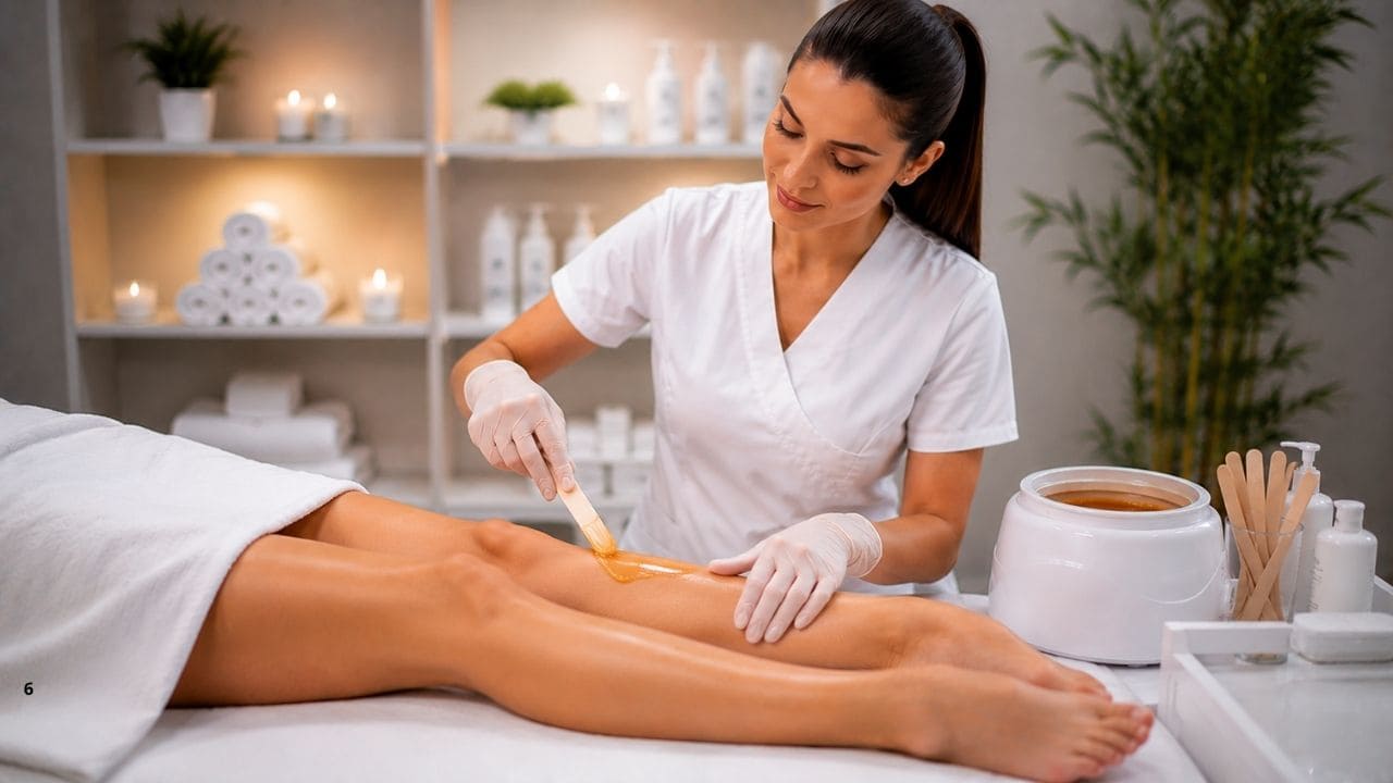 Profissional de depilação atendendo cliente em ambiente de estética organizado, utilizando técnicas precisas, materiais higienizados e boas práticas para garantir um serviço de alta qualidade.