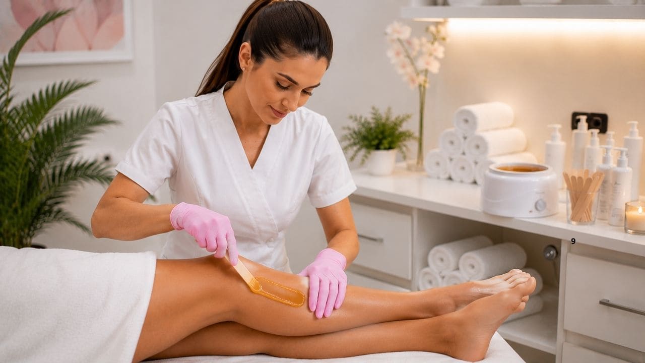 Depiladora profissional atendendo cliente em cabine de estética moderna, utilizando técnicas precisas, ambiente higienizado e equipamentos adequados para oferecer um serviço de alta qualidade.