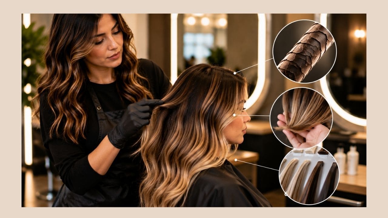 Cabeleireiro aplicando técnica de mechas com precisão para criar um efeito natural, suave e iluminado, respeitando o movimento e a tonalidade dos fios.