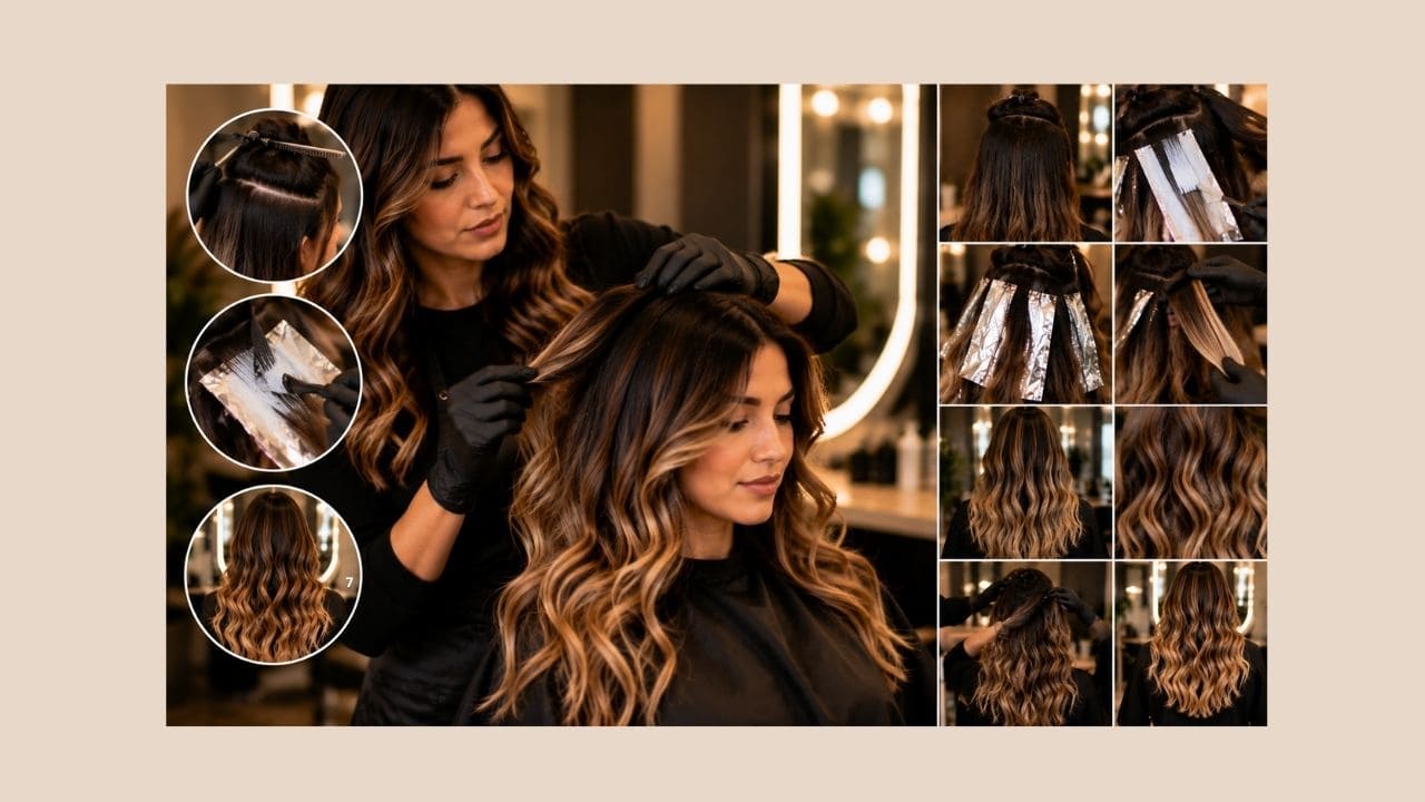 Profissional realizando mechas com técnica cuidadosa para evitar manchas e danos aos fios, assegurando um resultado uniforme, saudável e visualmente harmonioso.