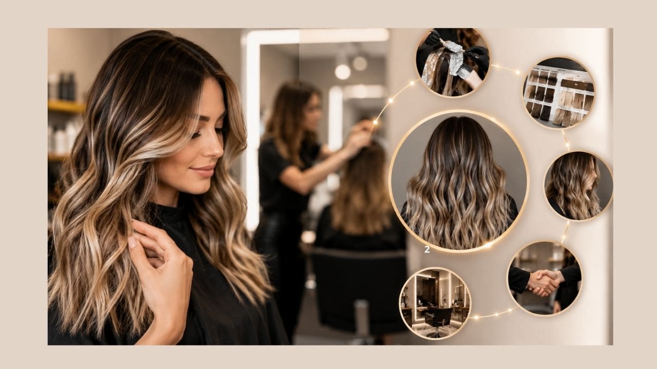 Cabeleireira realizando técnicas avançadas de mechas em salão de beleza moderno, demonstrando precisão na aplicação dos produtos para criar um resultado iluminado, uniforme e com acabamento profissional.