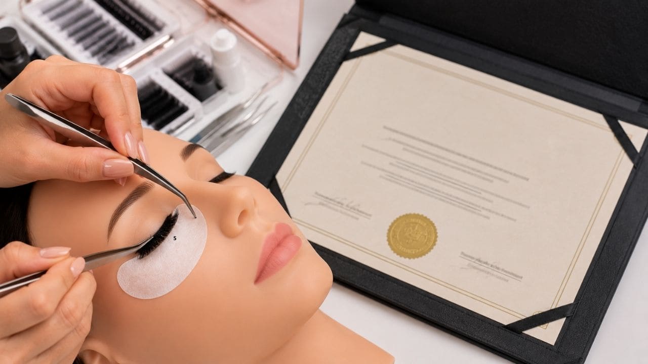 imagem do melhor curso de cilios com diploma Aluna praticando técnicas de extensão de cílios durante uma aula profissional, representando o Melhor Curso de Extensão de Cílios com Certificado para quem busca capacitação e crescimento na área da beleza.