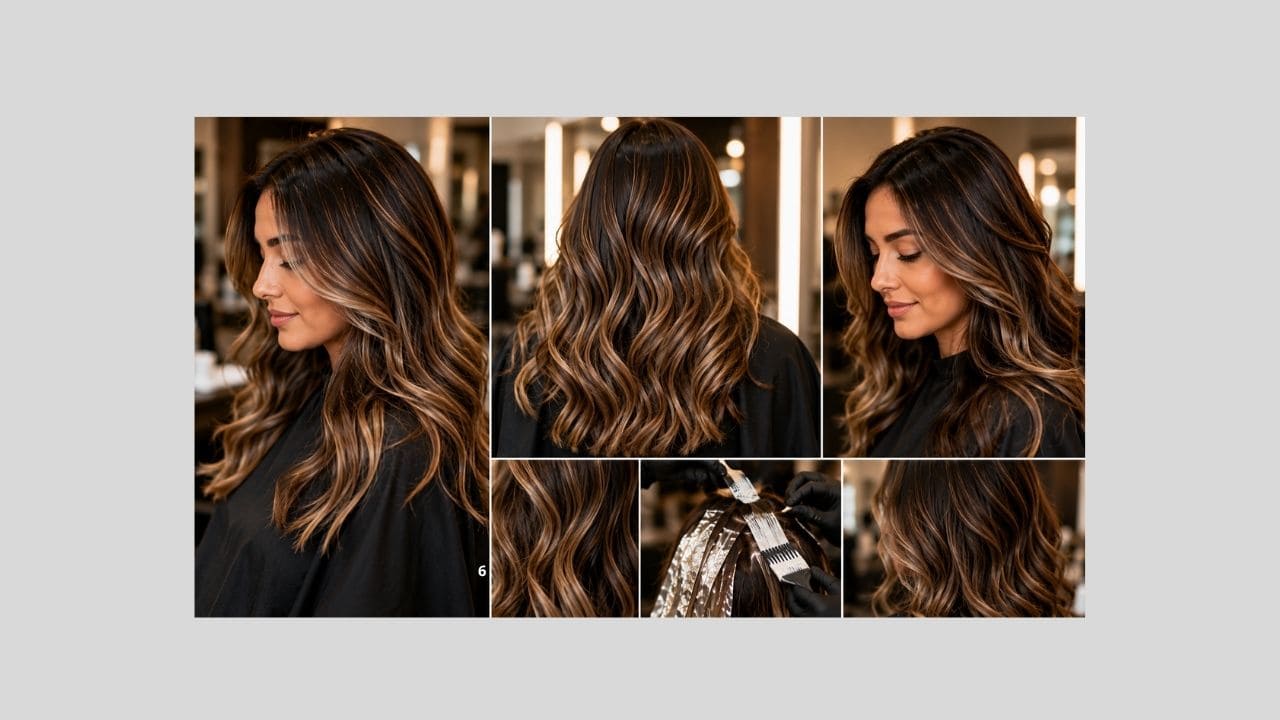 Cabeleireira finalizando uma técnica de morena iluminada em cliente com cabelos longos, exibindo mechas suaves, brilho intenso, transição natural de tons e acabamento profissional em salão de beleza.