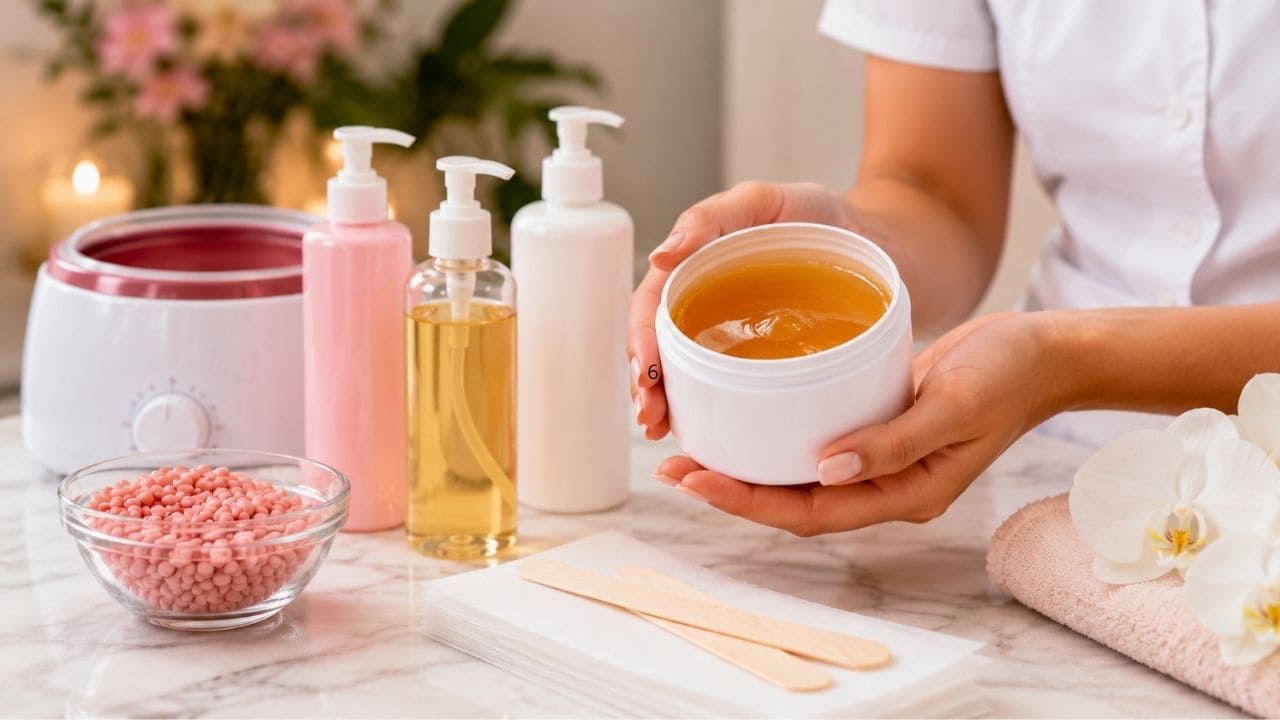 imagem de como selecionar os Melhores Produtos para Depilação com Cera. Produtos profissionais para depilação com cera organizados em ambiente estético, incluindo cera, acessórios e itens de preparação para um procedimento seguro e eficaz.