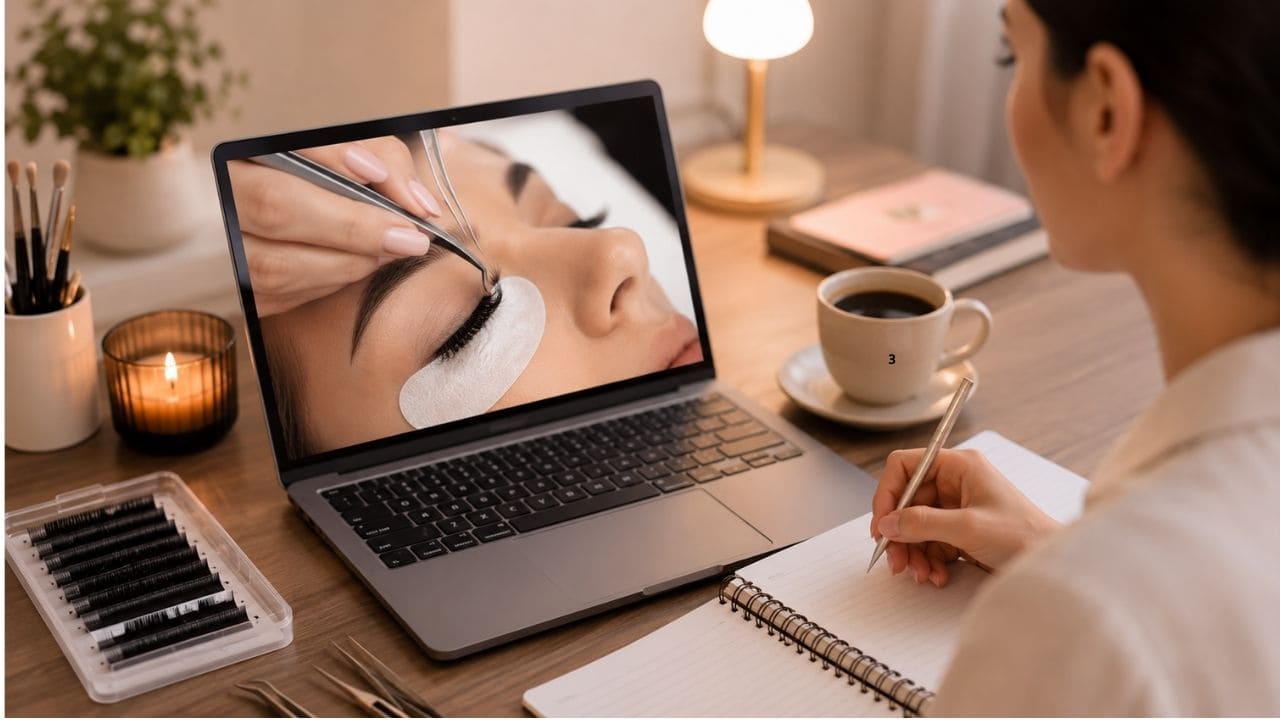imagem de onde compra um curso de cilios Notebook exibindo um curso de extensão de cílios online enquanto uma profissional realiza a aplicação dos fios em uma cliente, representando a compra de um treinamento completo para lash designer.