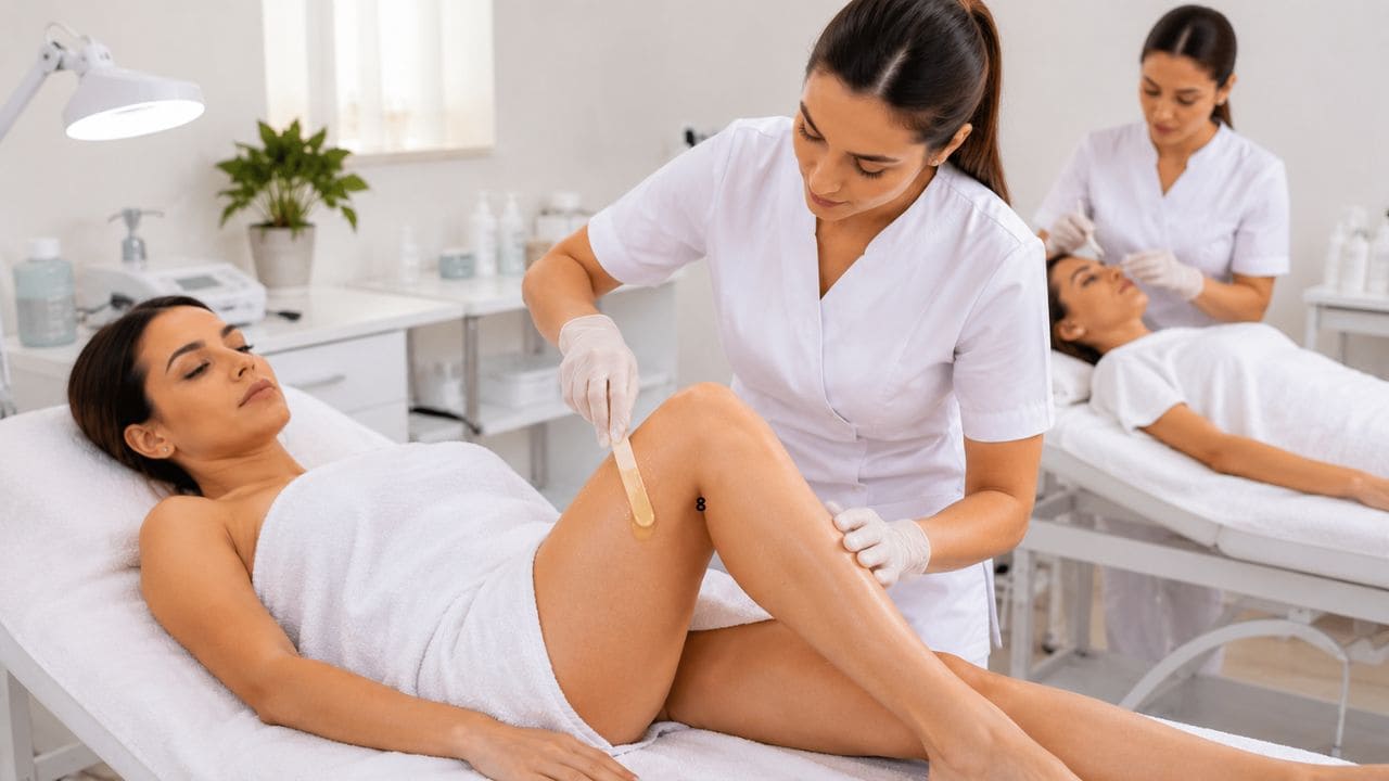imagem de um curso de depilação no senac Aluna aprendendo técnicas de depilação em aula prática de estética, acompanhada por instrutora em ambiente profissional de treinamento.