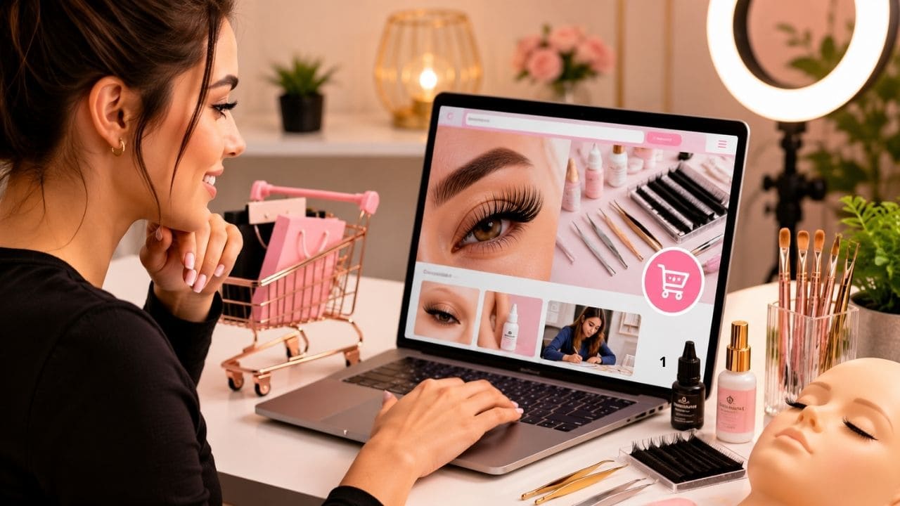 Pessoa analisando um curso de extensão de cílios em um notebook enquanto observa materiais profissionais de lash designer organizados sobre uma mesa de trabalho em um ambiente moderno e bem iluminado.