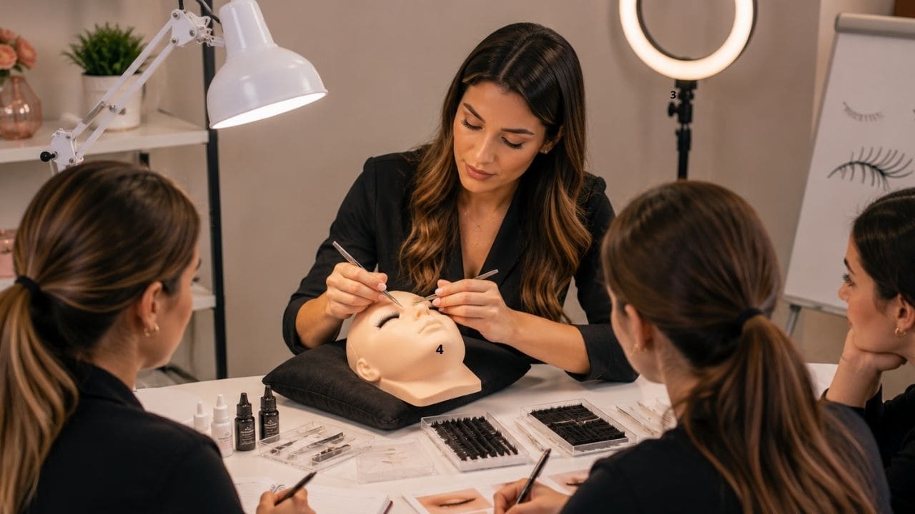 Aluna acompanhando uma aula de extensão de cílios enquanto a instrutora demonstra técnicas práticas em uma modelo, com materiais profissionais organizados sobre a bancada de trabalho.
