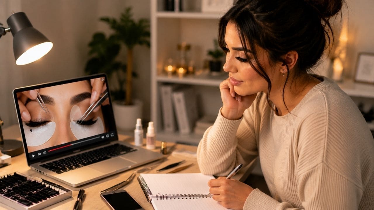 Pessoa assistindo a um curso de cílios online em um notebook enquanto pratica técnicas de extensão de cílios em um manequim com materiais profissionais.