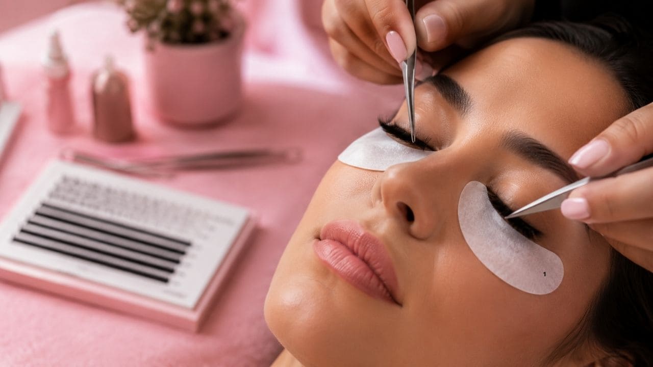 Aluna aprendendo técnicas de extensão de cílios durante um Curso de Cílios para Iniciantes, realizando aplicação fio a fio em modelo com materiais profissionais.