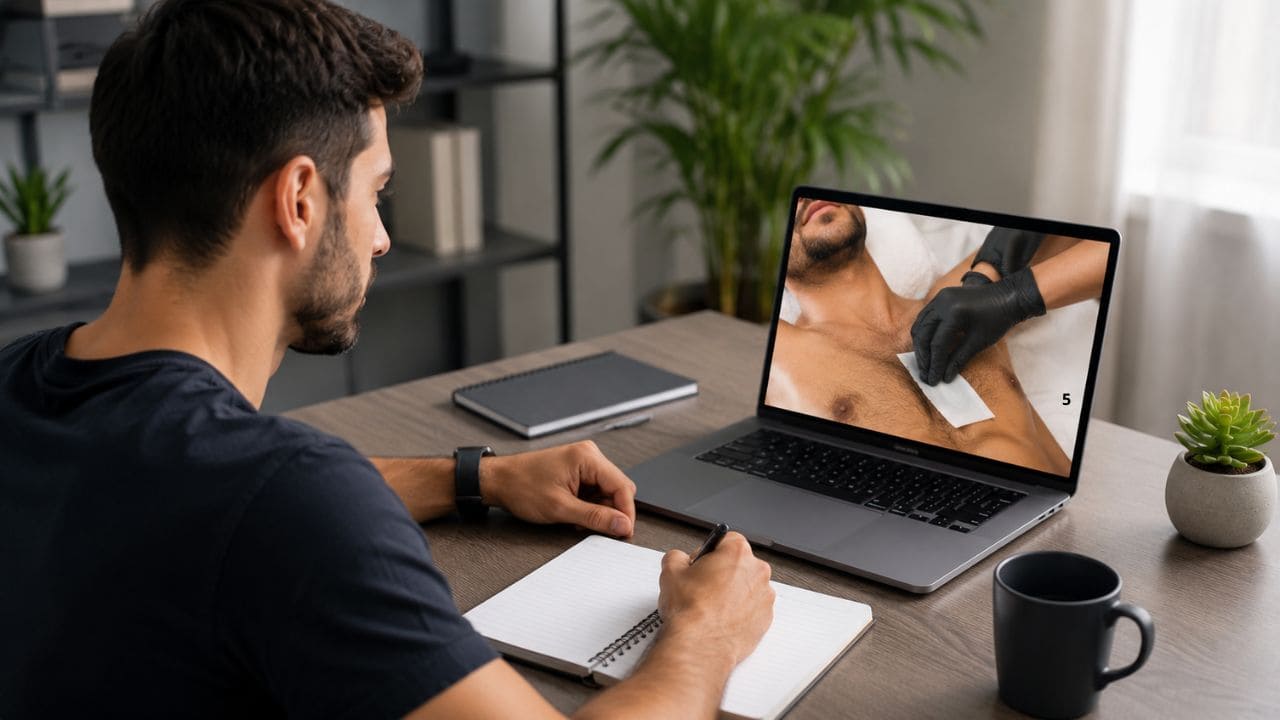  Aluno assistindo a uma aula de curso de depilação masculina online em notebook enquanto faz anotações em ambiente de estudo.