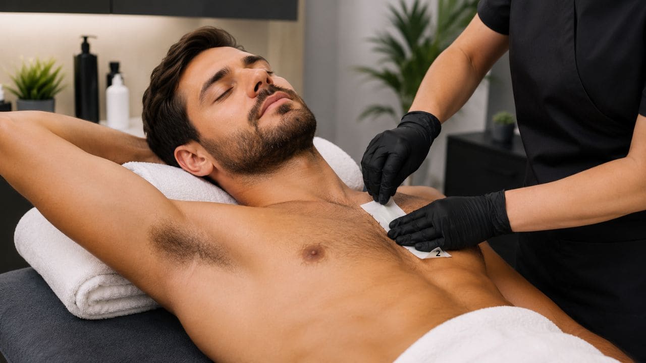 Profissional realizando procedimento de depilação masculina em cliente durante demonstração prática de um curso de depilação masculina.