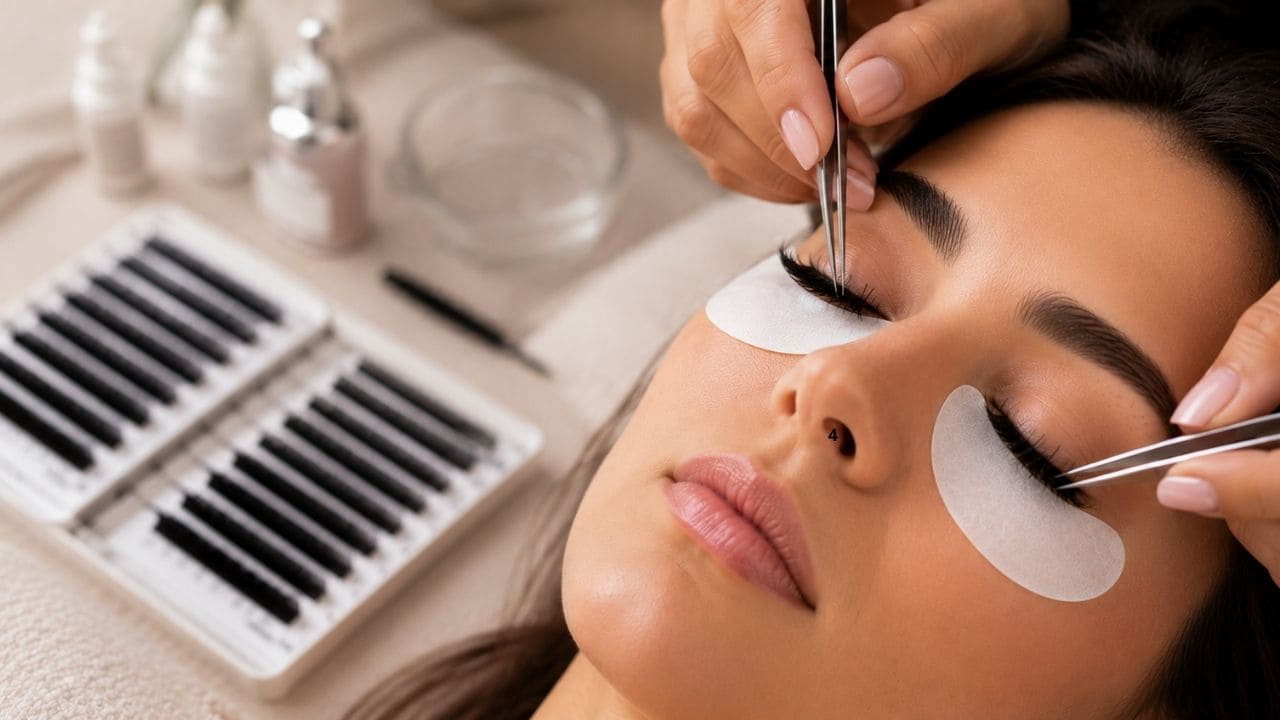 Profissional aplicando a técnica de extensão de cílios fio a fio em modelo durante um curso, utilizando pinças de precisão e materiais profissionais para obter um acabamento natural e delicado.