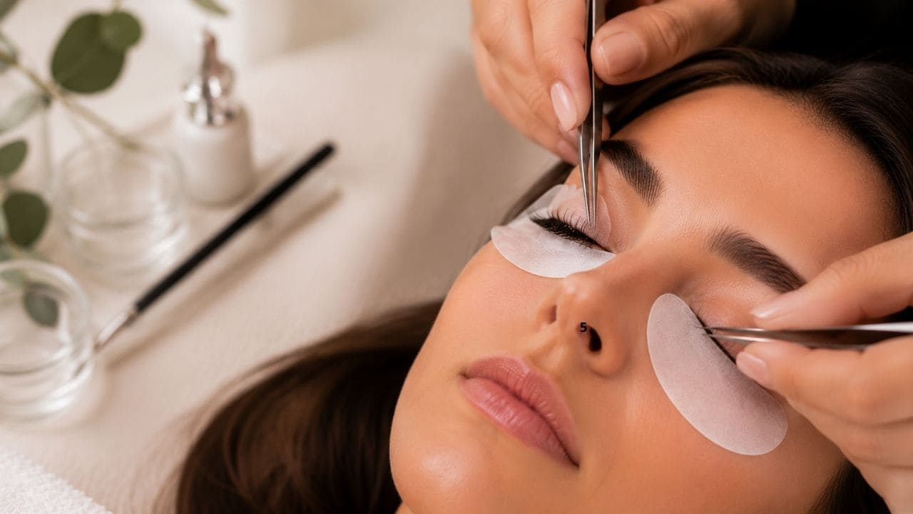 Profissional realizando o procedimento de lash lifting durante um curso, aplicando produtos específicos para curvar e valorizar os cílios naturais com acabamento uniforme e elegante.