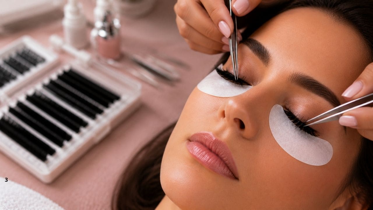 Lash designer aplicando técnica de Volume Russo durante um curso profissional de extensão de cílios, utilizando pinças de precisão e fios ultrafinos para criar um efeito volumoso e natural.