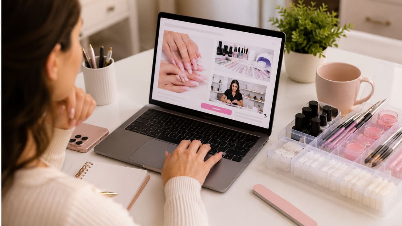 imagem de onde e como compra um curso de alongamento de unhas Pessoa pesquisando e comprando um curso de alongamento de unhas em gel e fibra de vidro pelo computador, com kit de manicure e materiais profissionais sobre a mesa.