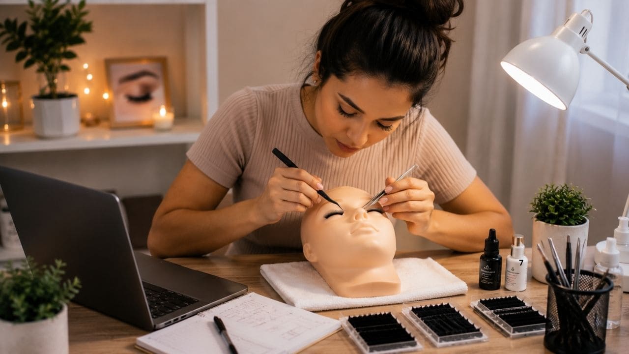 Pessoa estudando extensão de cílios fio a fio em casa, praticando a aplicação em um manequim com kit profissional, pinças e materiais organizados sobre a bancada.
