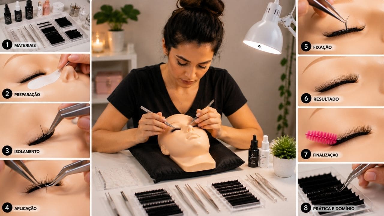 Aluno acompanhando um curso de extensão de cílios passo a passo, praticando a aplicação em um manequim com ferramentas profissionais e material didático ao lado.