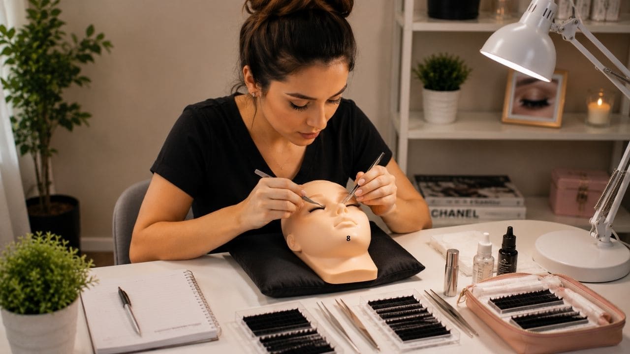 Pessoa estudando sozinha um curso de extensão de cílios, praticando técnicas de aplicação em um manequim com materiais profissionais organizados em um ambiente de estudo.