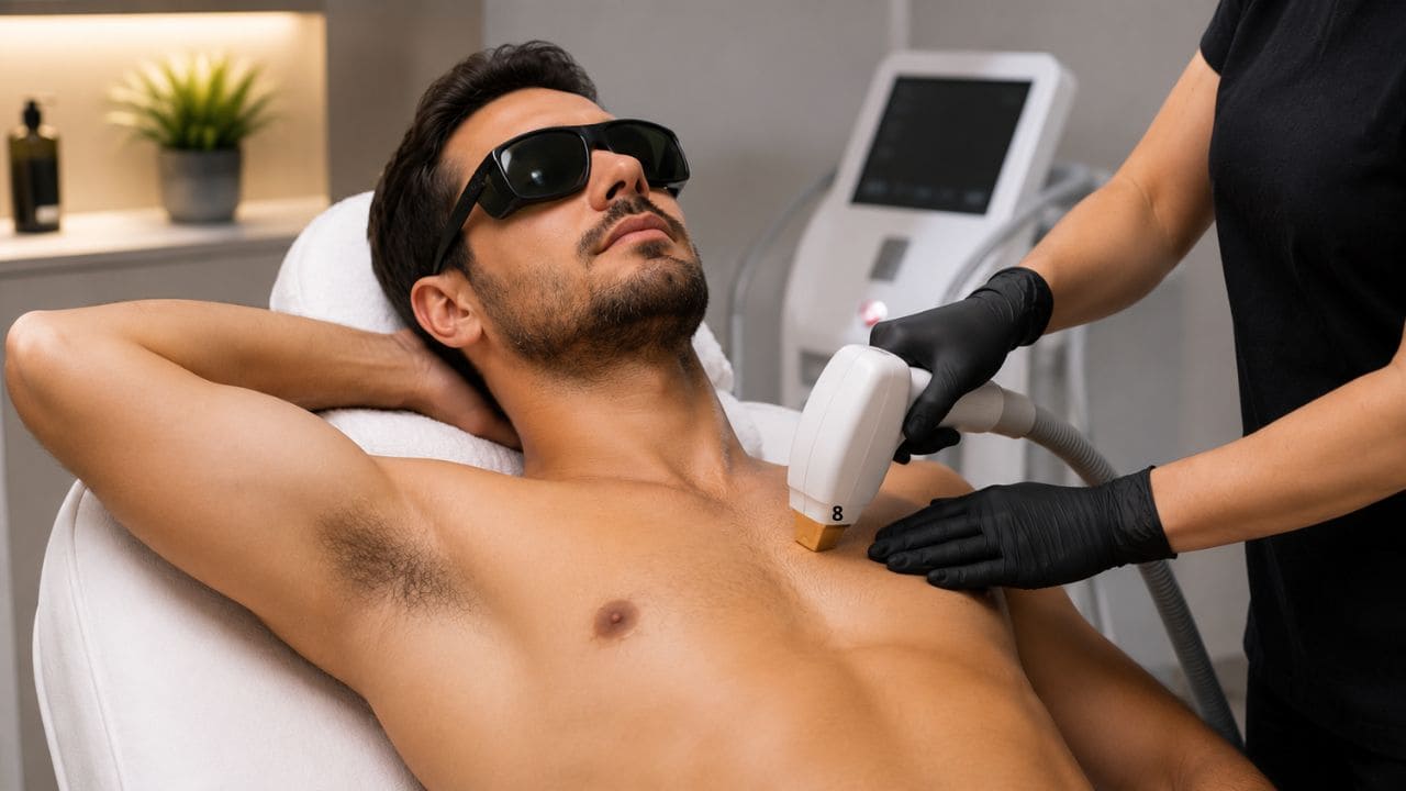 Profissional realizando procedimento de depilação a laser em cliente durante aula prática de um curso profissional de depilação a laser.