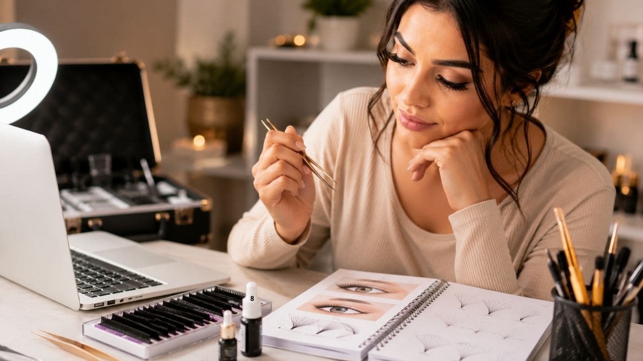 Lash designer atendendo uma cliente em um estúdio de beleza, realizando extensão de cílios em ambiente profissional, representando a profissão e o potencial de ganhos na área.