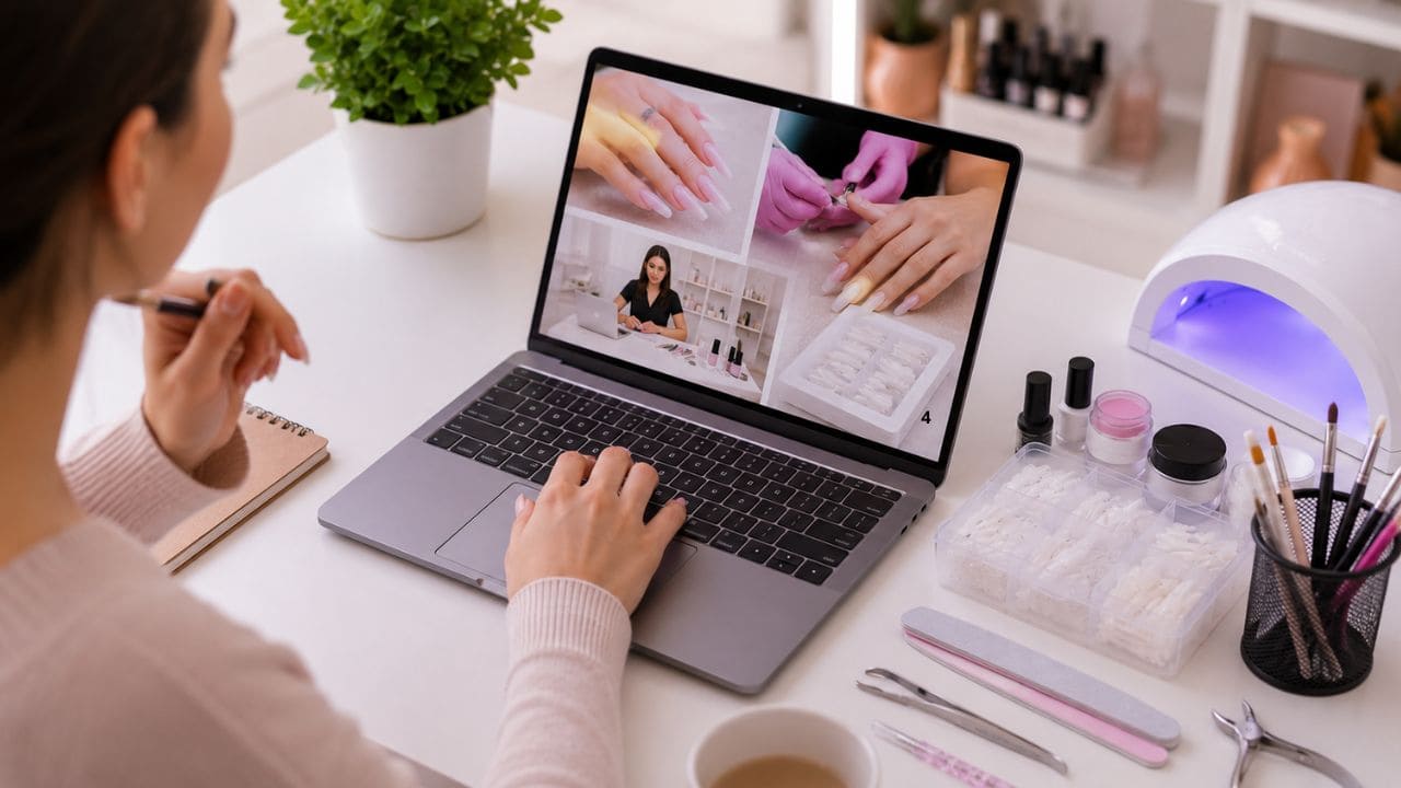 imagem de onde se comprar um curso de alongamentos de unhas Pessoa pesquisando um curso de alongamento de unhas em gel e fibra de vidro em um notebook, com materiais profissionais de nail designer organizados sobre a mesa.