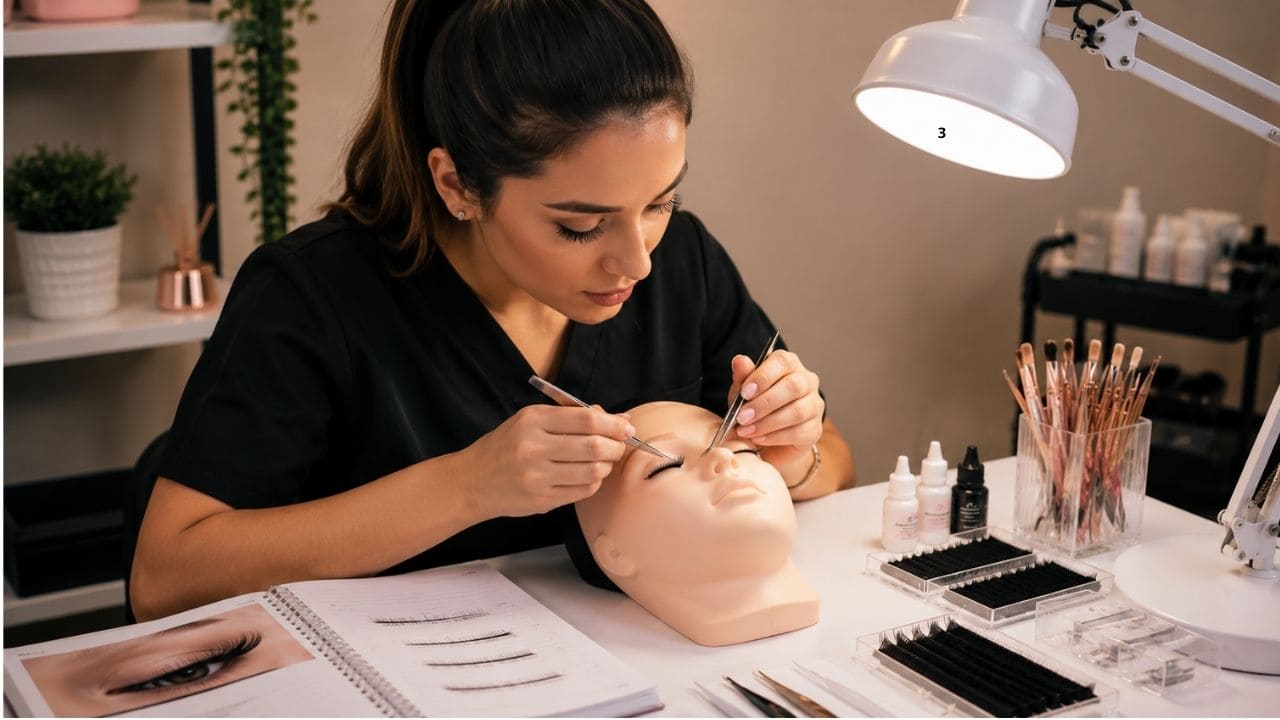 Aluna praticando a técnica de extensão de cílios em uma modelo durante um curso, utilizando pinças, cílios sintéticos e materiais profissionais em um ambiente de aprendizagem organizado.