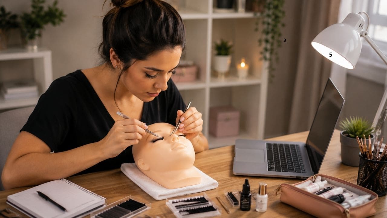 Pessoa realizando um curso de extensão de cílios em casa, praticando a aplicação fio a fio em um manequim com materiais profissionais organizados sobre a mesa de estudo.