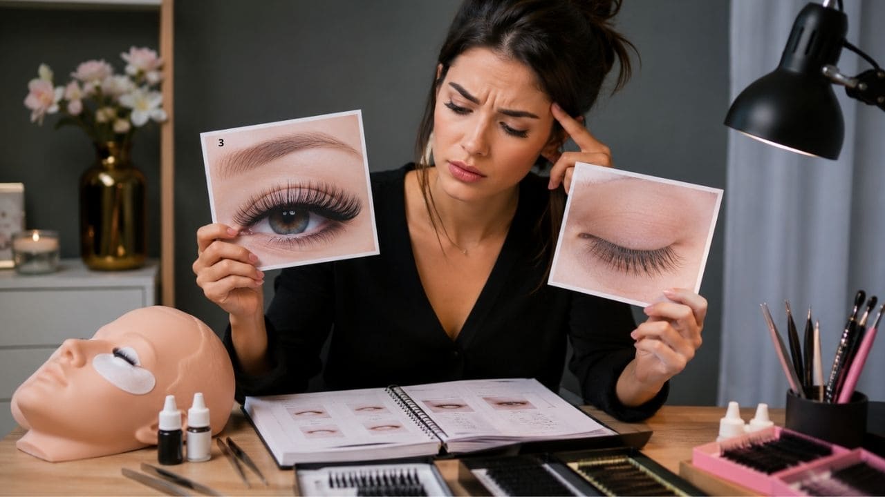 Aluna avaliando diferentes opções de cursos de lash designer enquanto analisa conteúdo, metodologia e qualidade do treinamento oferecido