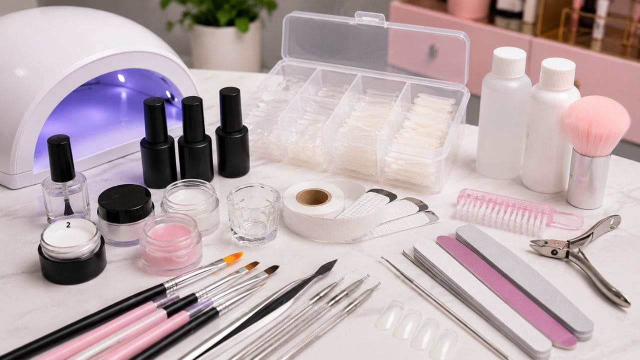 imagem dos materiais de alongamento de unhas em fibra e vidros Kit com materiais para alongamento de unhas, incluindo gel, fibra de vidro, pincéis, cabine UV/LED, lixas e acessórios utilizados por nail designers profissionais.